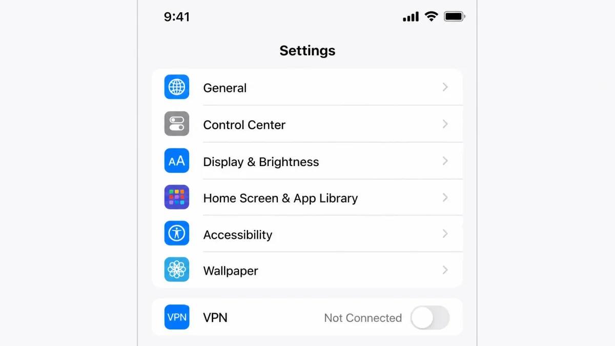 An iPhone Settings screen showing the VPN row with the status toggle switched to off and the status reading Not Connected.