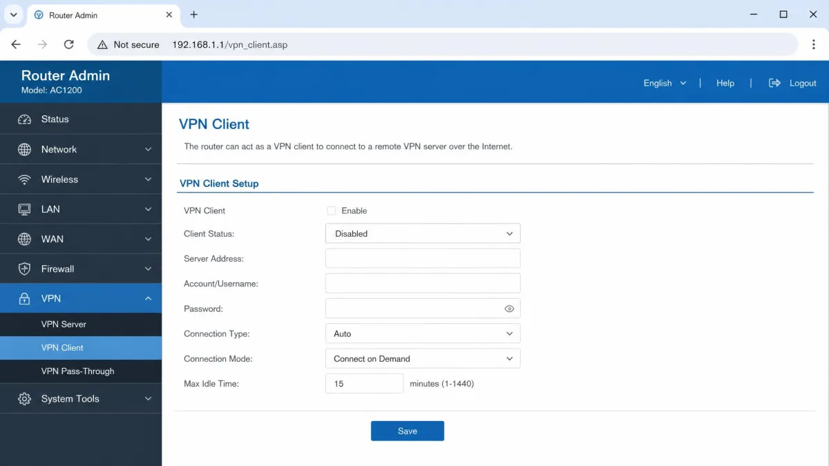A router admin panel open in a web browser at the VPN client section, with the client status set to disabled and a Save button visible below.