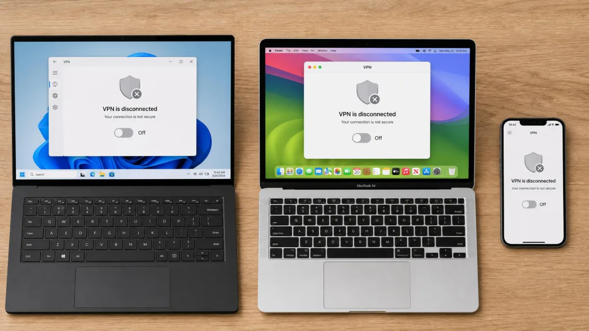 A flat-lay of a Windows laptop, a MacBook, and an iPhone side by side, each showing its VPN disconnect screen with the connection toggle in the off position.