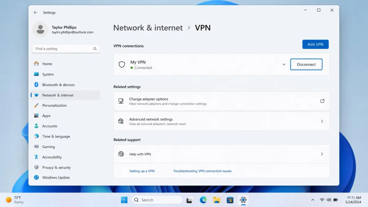 The Windows 11 Settings app open to Network & internet then VPN, showing a connected VPN entry with the Disconnect button highlighted.