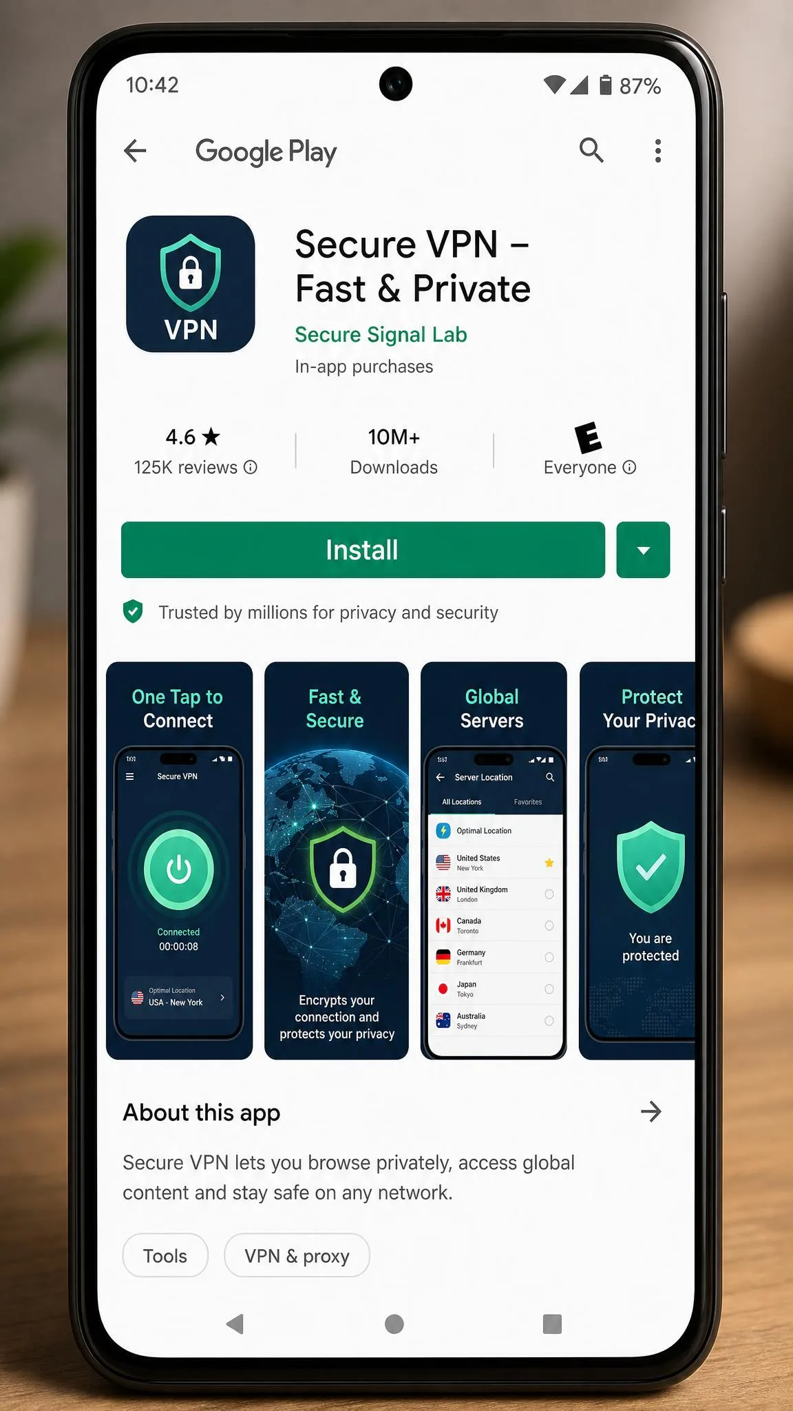 An Android phone showing a VPN app listing on the Google Play store with the green Install button prominent and screenshots of the app below.