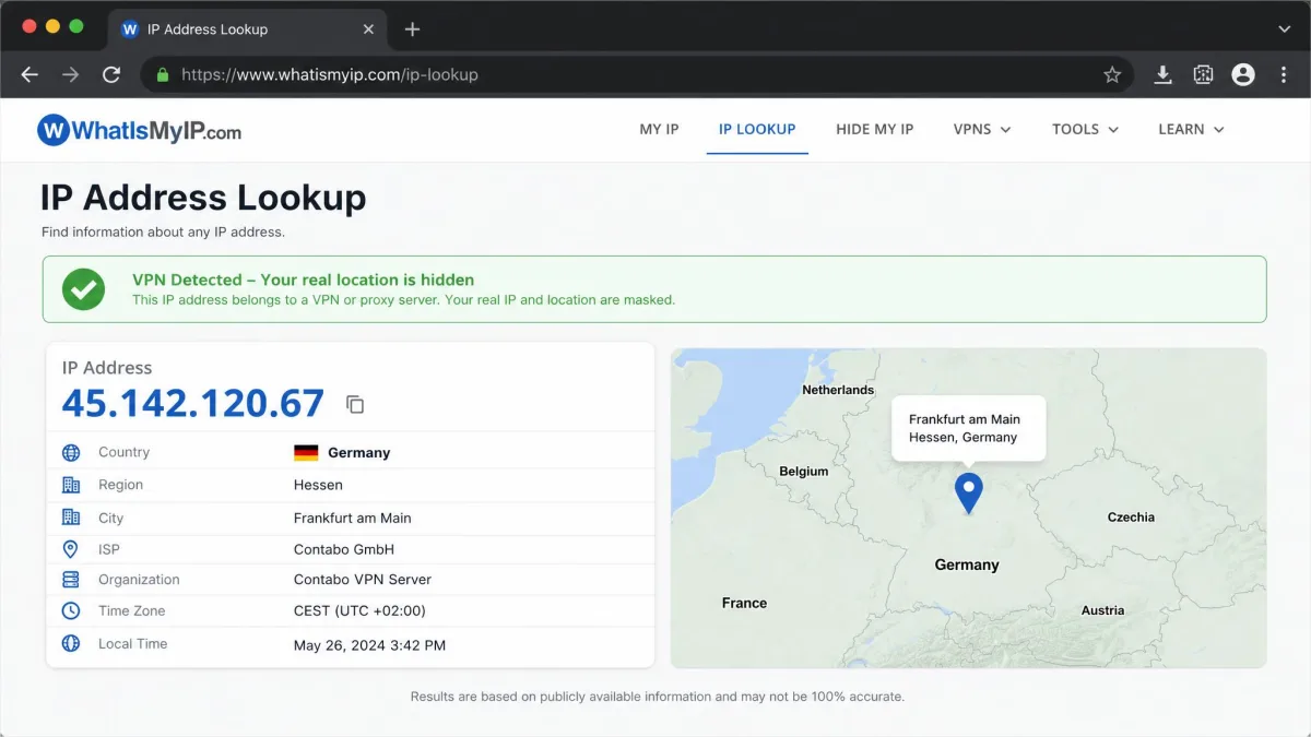 A browser window showing an IP address lookup result that displays a foreign server location and IP address, confirming the VPN is active and masking the real location.