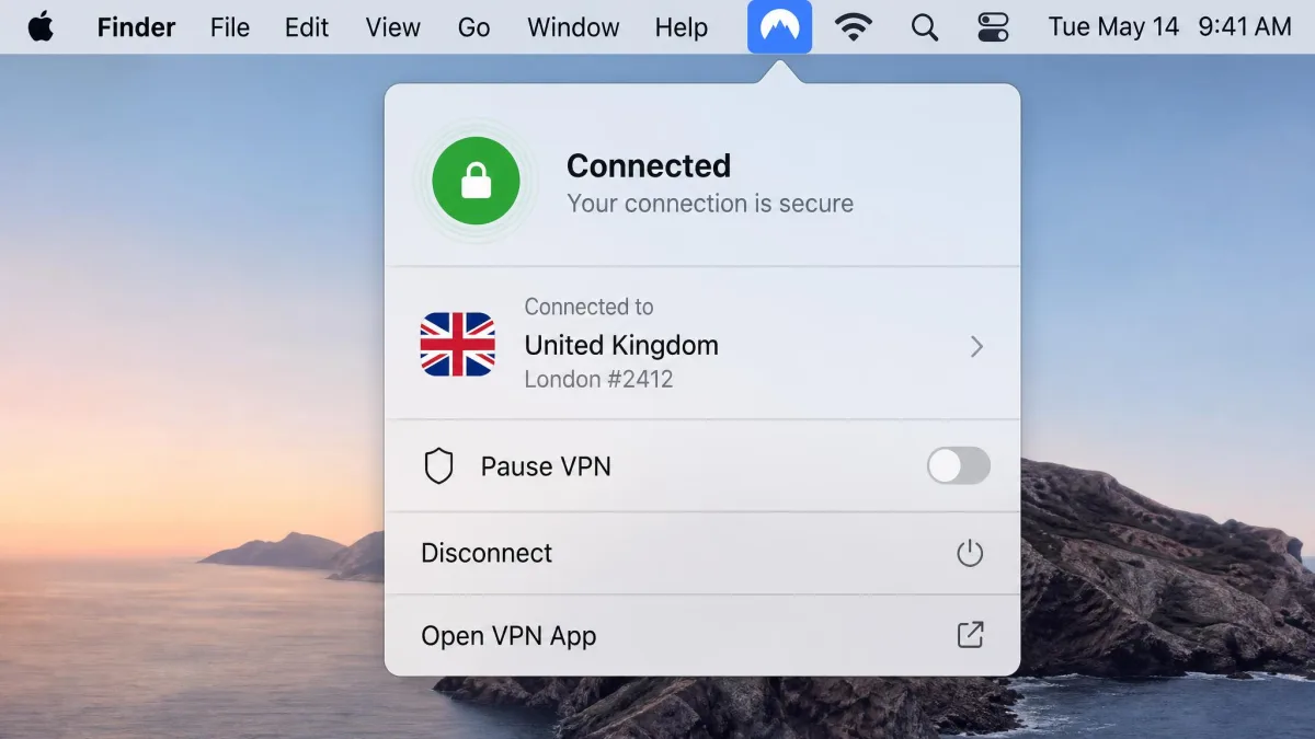A macOS menu bar close-up showing the VPN app icon and a dropdown panel reporting a connected status with the chosen server country.