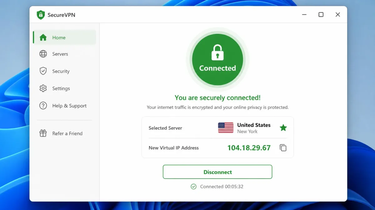 A desktop VPN app window showing a large green Connected status, the chosen server country, and the new virtual IP address displayed beneath a connect button.