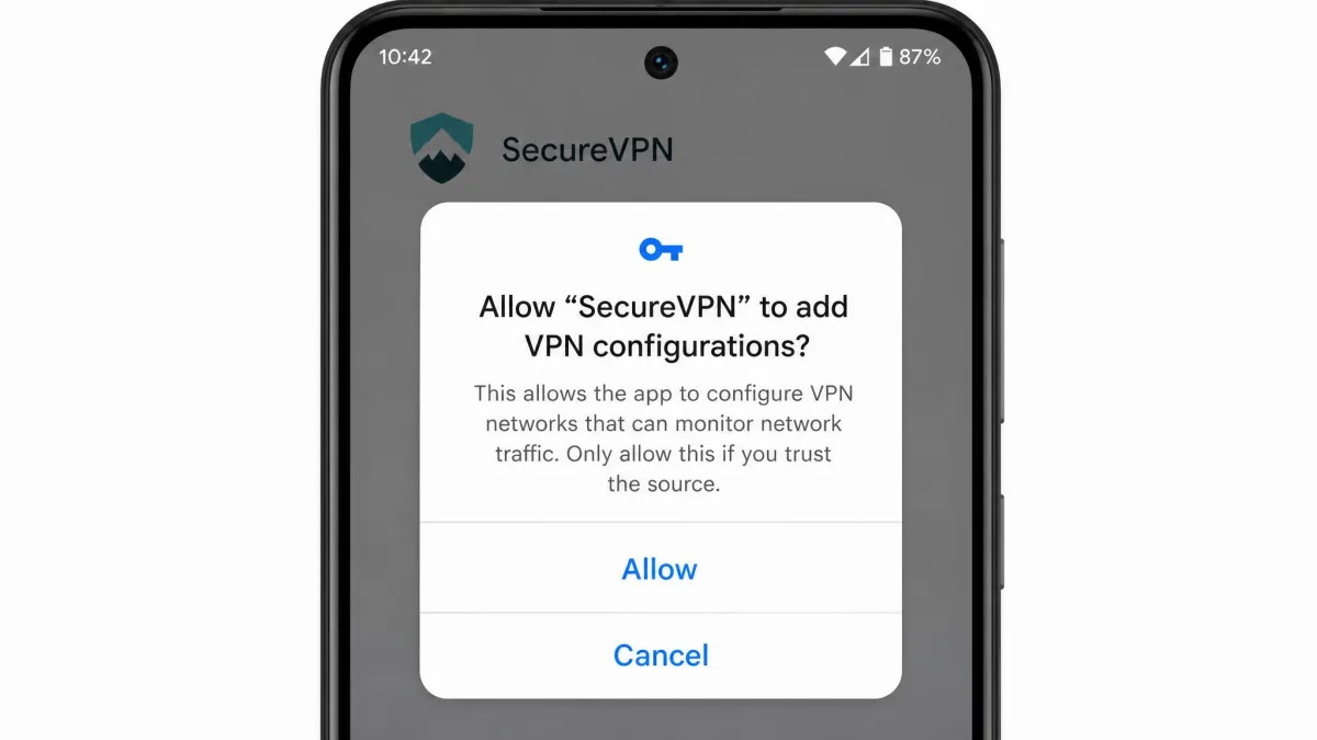 A smartphone screen showing the system VPN permission dialog that asks the user to allow the app to add VPN configurations, with Allow and Cancel buttons.