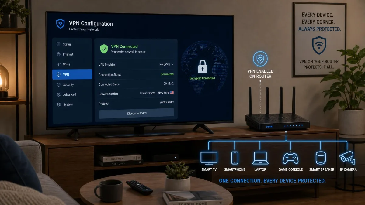 A living-room setup showing a smart TV and a Wi-Fi router with a VPN configuration screen on the TV, illustrating protecting every device through the router.