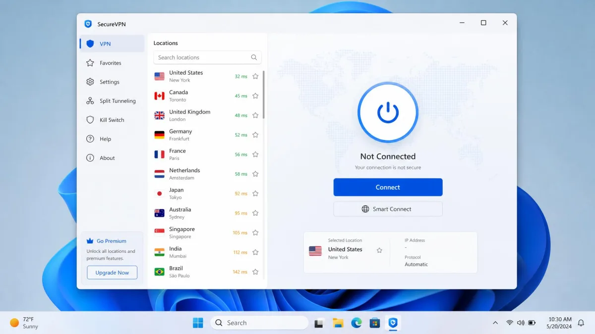 A Windows VPN desktop app on Windows 11 showing a scrollable list of server countries on the left and a prominent connect button on the right.