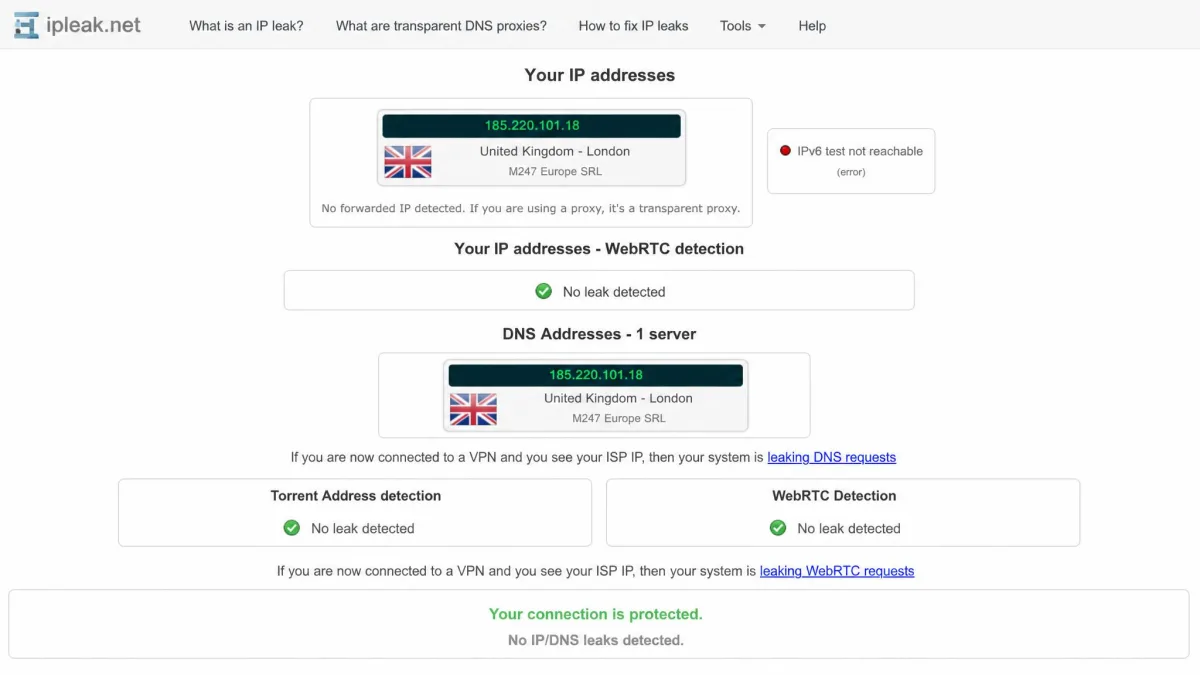 An ipleak.net results page showing a VPN server IP address and matching DNS with no leaks detected, confirming a protected connection.