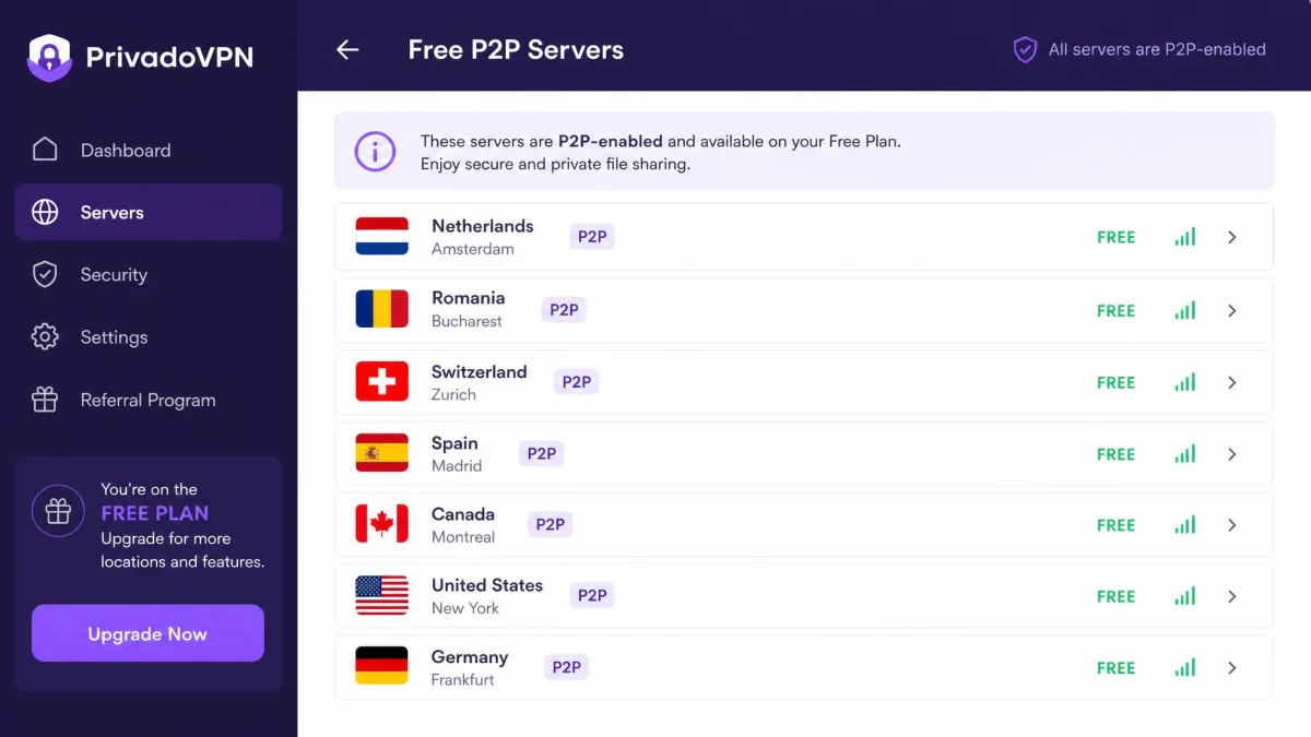 PrivadoVPN free app showing its list of free P2P-enabled servers across several countries, available on the no-cost plan.