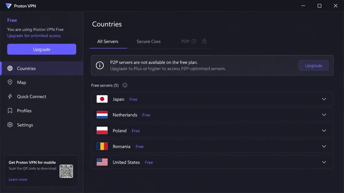 Proton VPN Windows app showing the free server list with the P2P server tab greyed out and unavailable on the free plan.