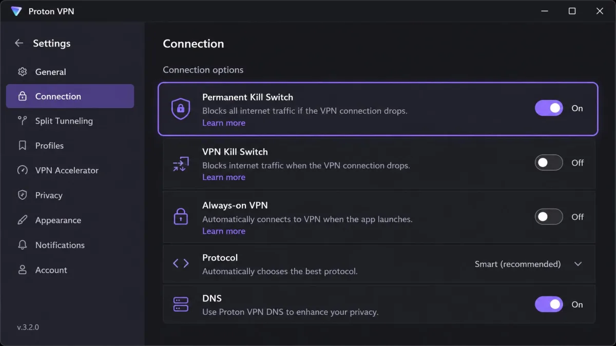 Proton VPN Windows settings panel with the permanent kill switch toggle enabled, highlighted among the connection options.