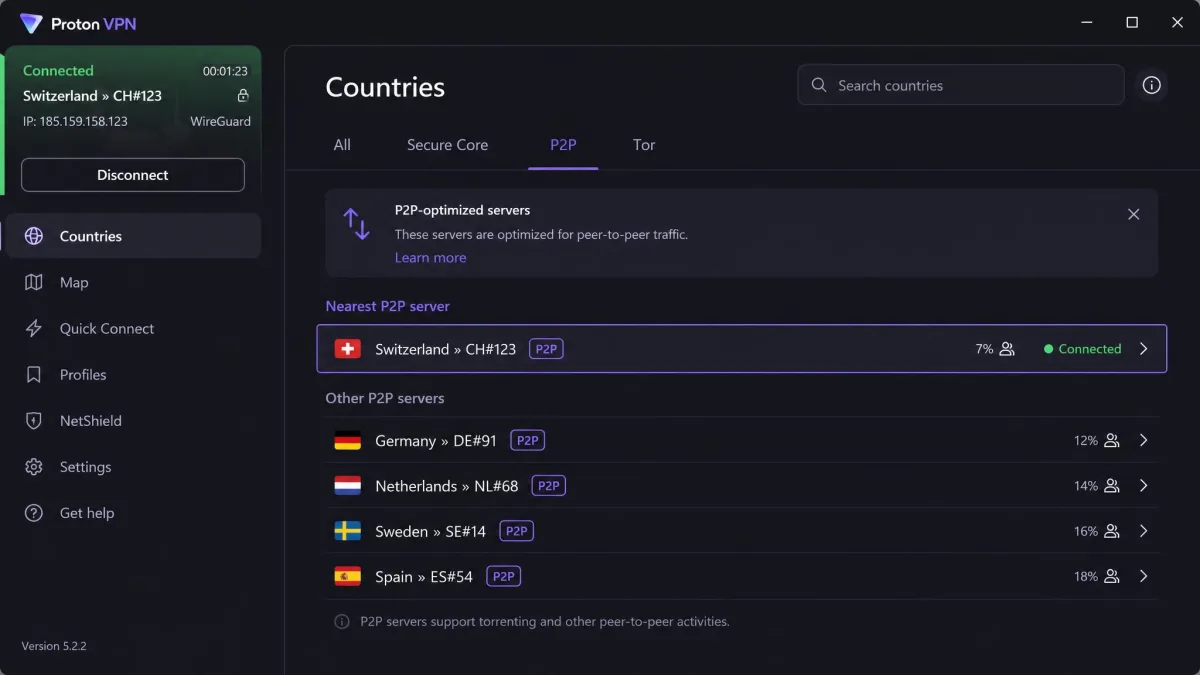 Proton VPN Countries screen with the P2P tab open and a nearby P2P-optimized server selected and connected.