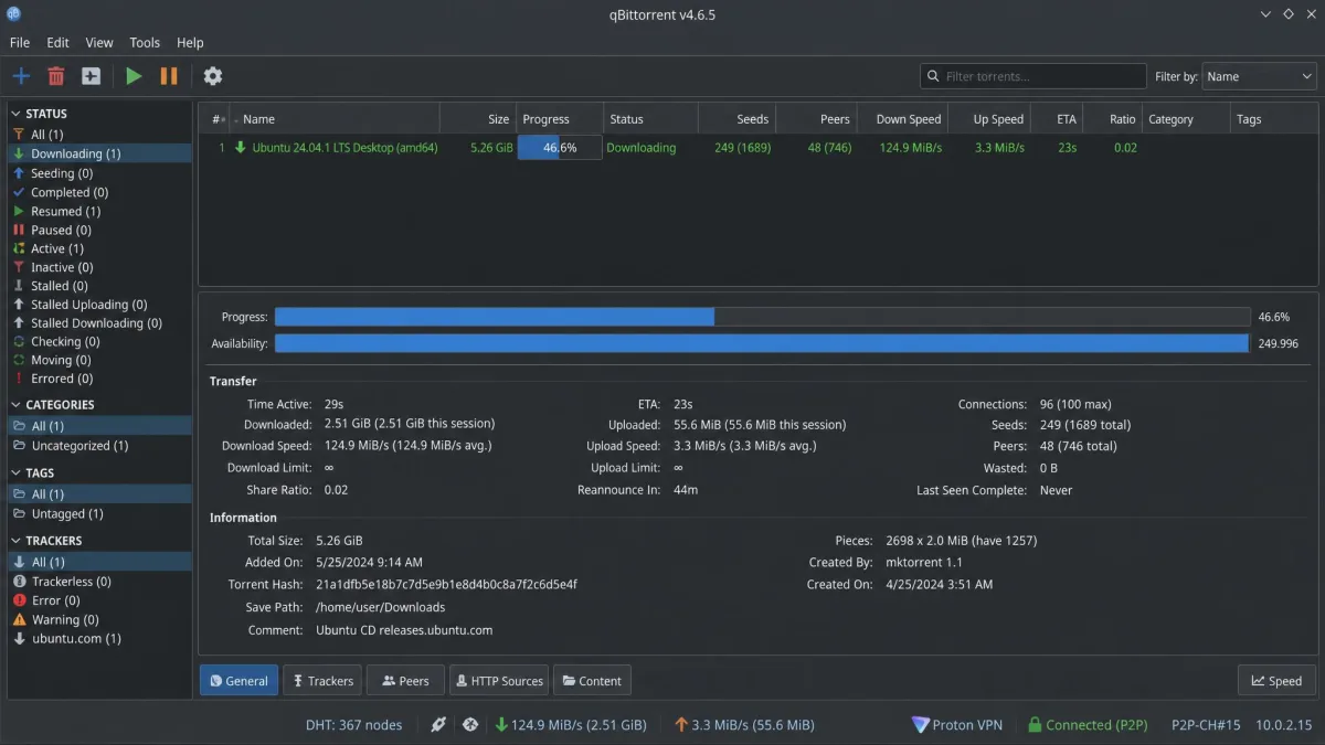 qBittorrent download window showing an active Linux distribution torrent at full speed while connected to a Proton VPN P2P server.