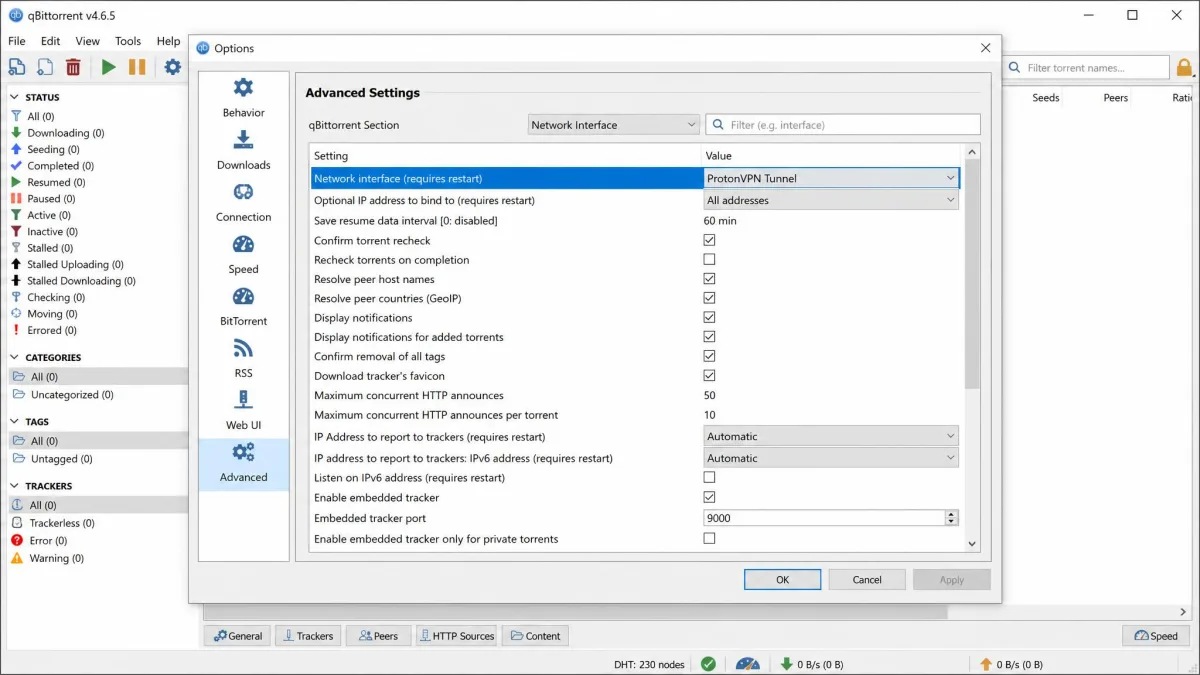 qBittorrent advanced settings with the network interface dropdown set to the ProtonVPN adapter, binding the client to the VPN tunnel.