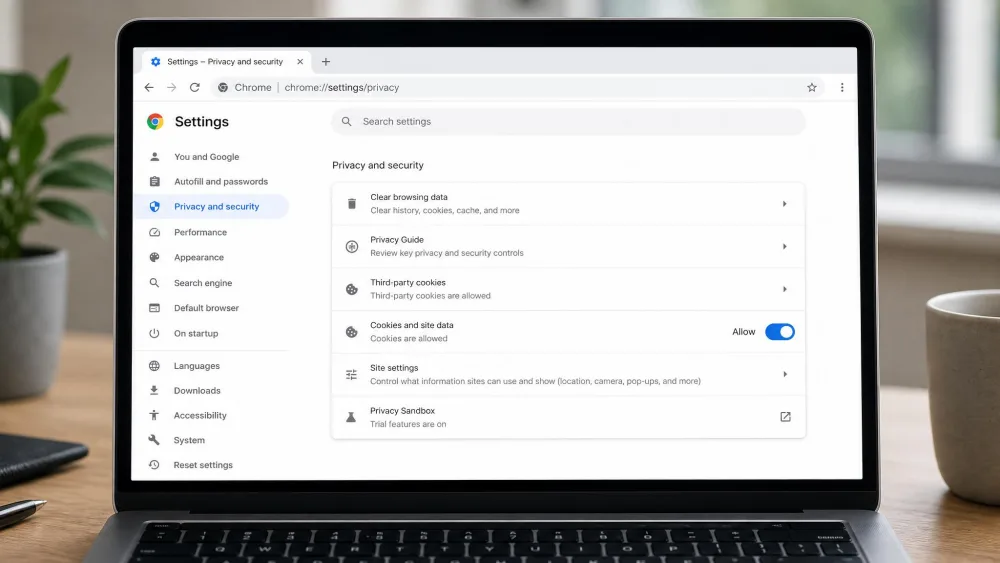 A laptop screen showing a browser privacy settings panel with a cookies toggle switched to the allow position, illustrating where cookie controls live.