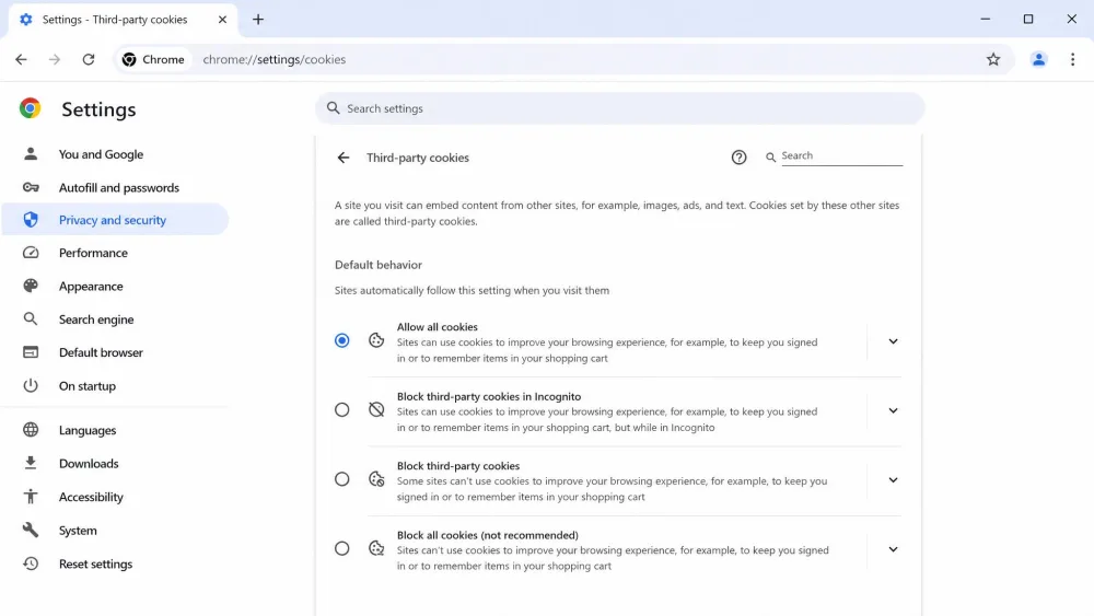 The Chrome desktop Privacy and security settings page with the third-party cookies option and the Allow all cookies radio button visible.