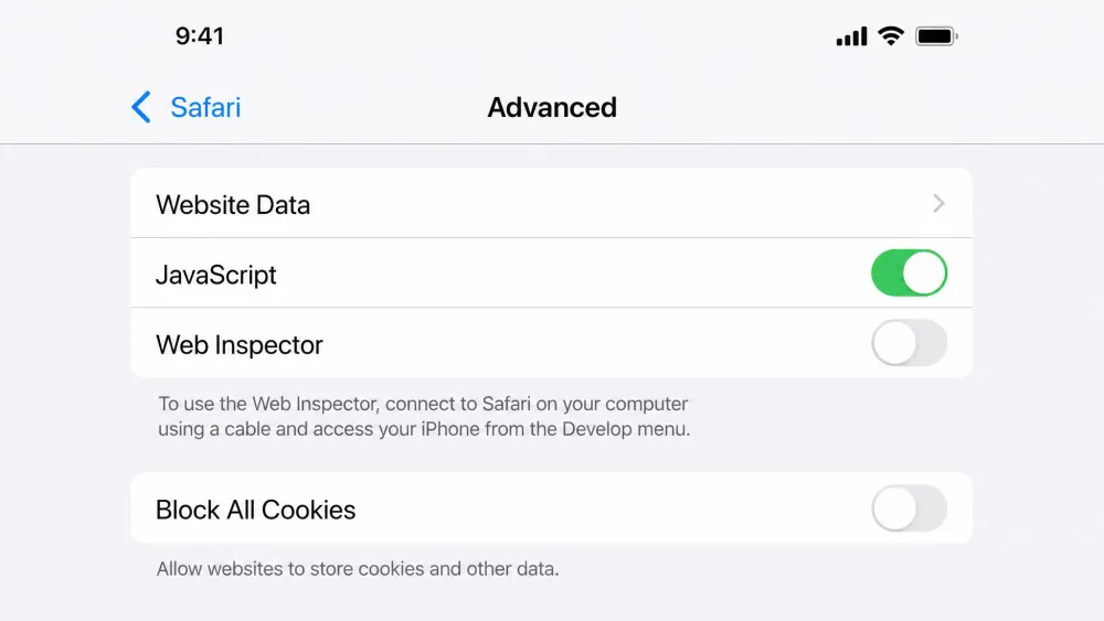 The Safari Advanced settings screen on an iPhone showing the Block All Cookies toggle in the off gray position, meaning cookies are enabled.