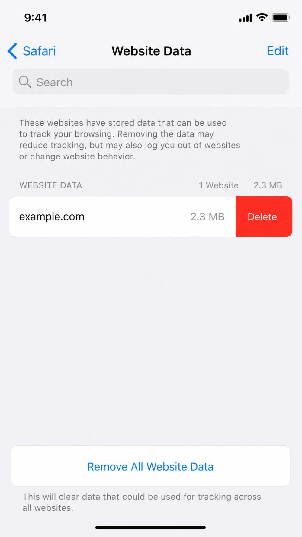 The iOS Safari Website Data screen with a single site swiped left to reveal a red Delete button, showing how to clear a stale cookie for one site.