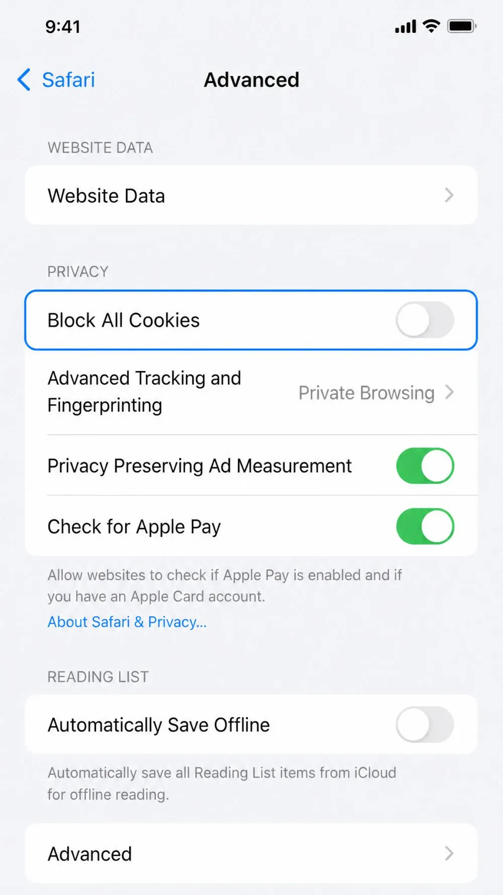 The iPhone Settings screen for Safari Advanced in iOS 18, with the Block All Cookies toggle switched off and highlighted.