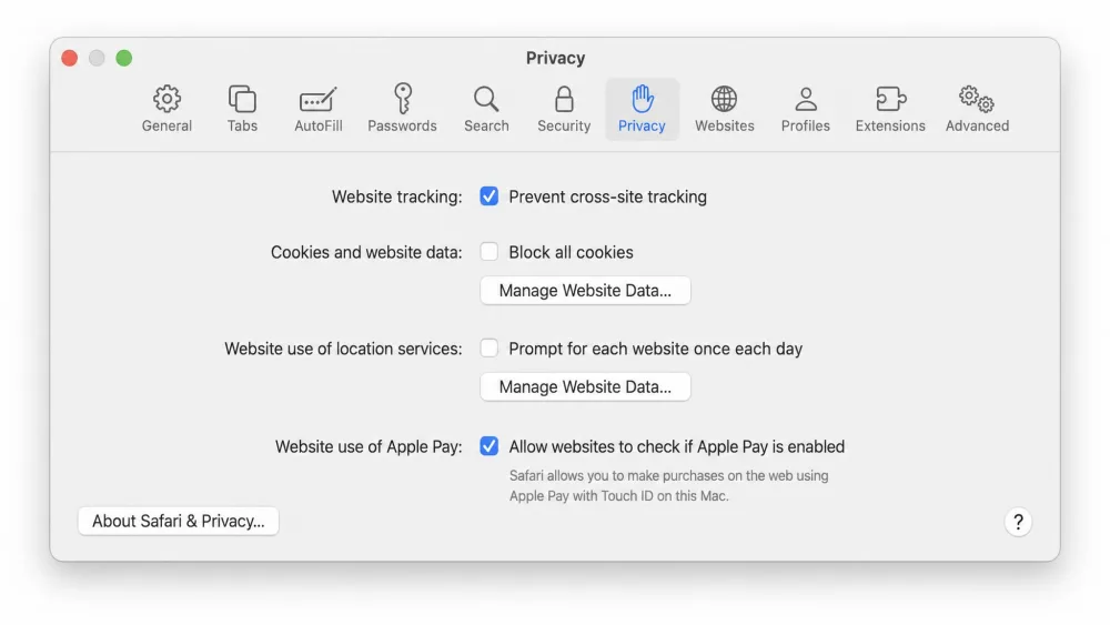 The Safari Settings window on a Mac showing the Privacy tab, with the Block all cookies checkbox unchecked and Prevent cross-site tracking left on.