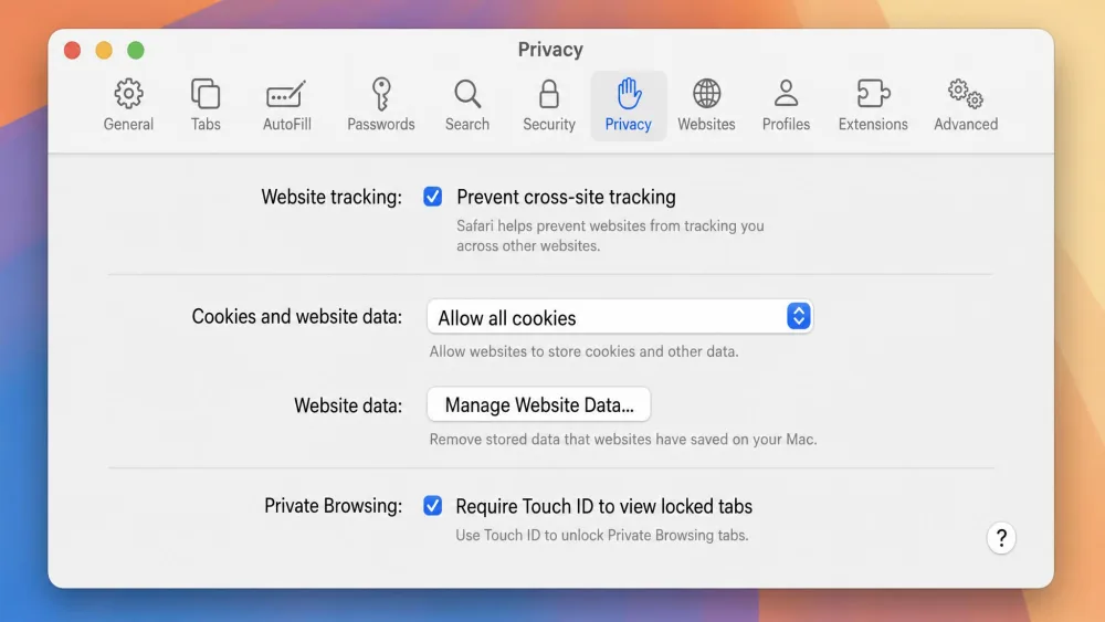 A close-up of the Safari Privacy settings on a Mac, illustrating cookies allowed while Prevent cross-site tracking remains enabled for privacy.