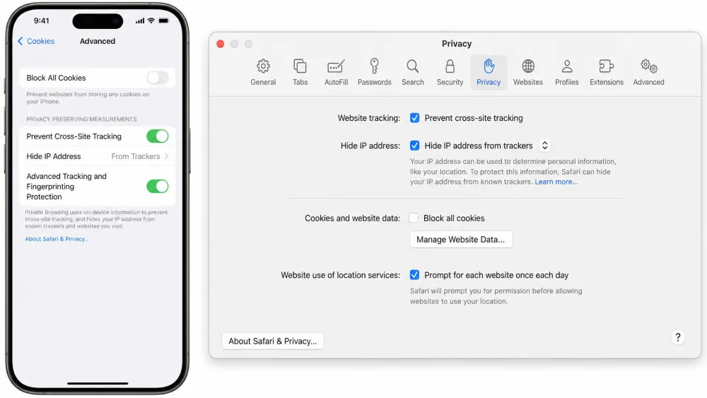 Side-by-side view of the Safari cookie controls, showing the iPhone Advanced screen with the Block All Cookies toggle and the Mac Privacy tab with the Block all cookies checkbox.