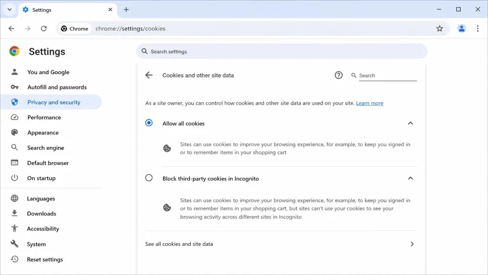 The Chrome desktop Privacy and security cookie settings page with the "Allow all cookies" and "Block third-party cookies in Incognito" radio options visible.