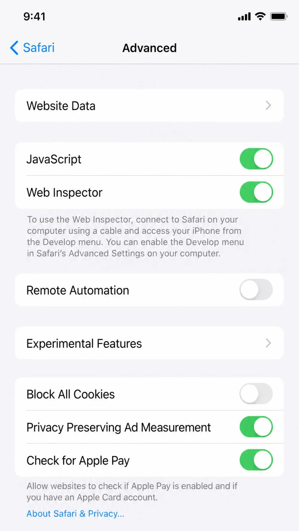 The Safari Advanced settings screen on iPhone with the Block All Cookies toggle switched off and grey.