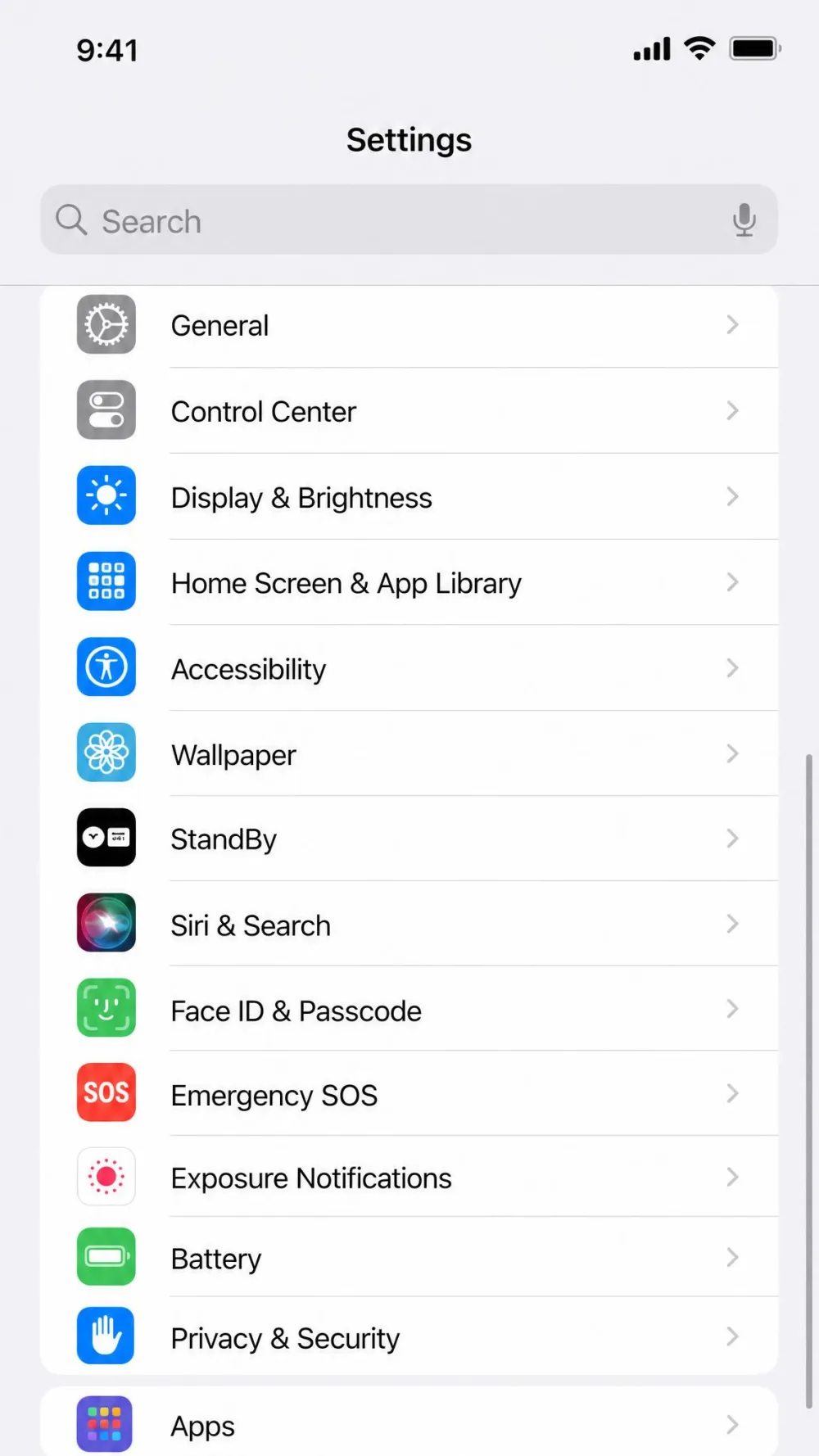 The iPhone Settings main list scrolled down to the Apps row, with the search bar at the top.