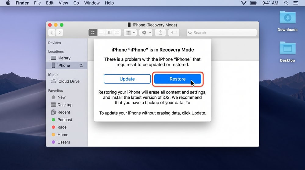 Finder on a Mac showing the Restore or Update prompt for an iPhone in Recovery Mode, with Restore highlighted.