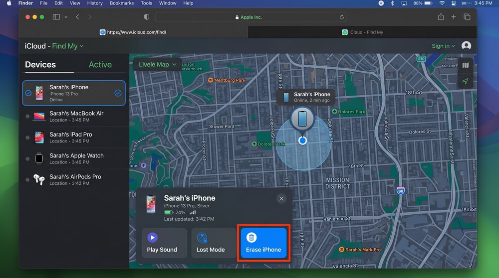 The Find My page on iCloud.com in a browser with an iPhone selected and the Erase iPhone button shown.