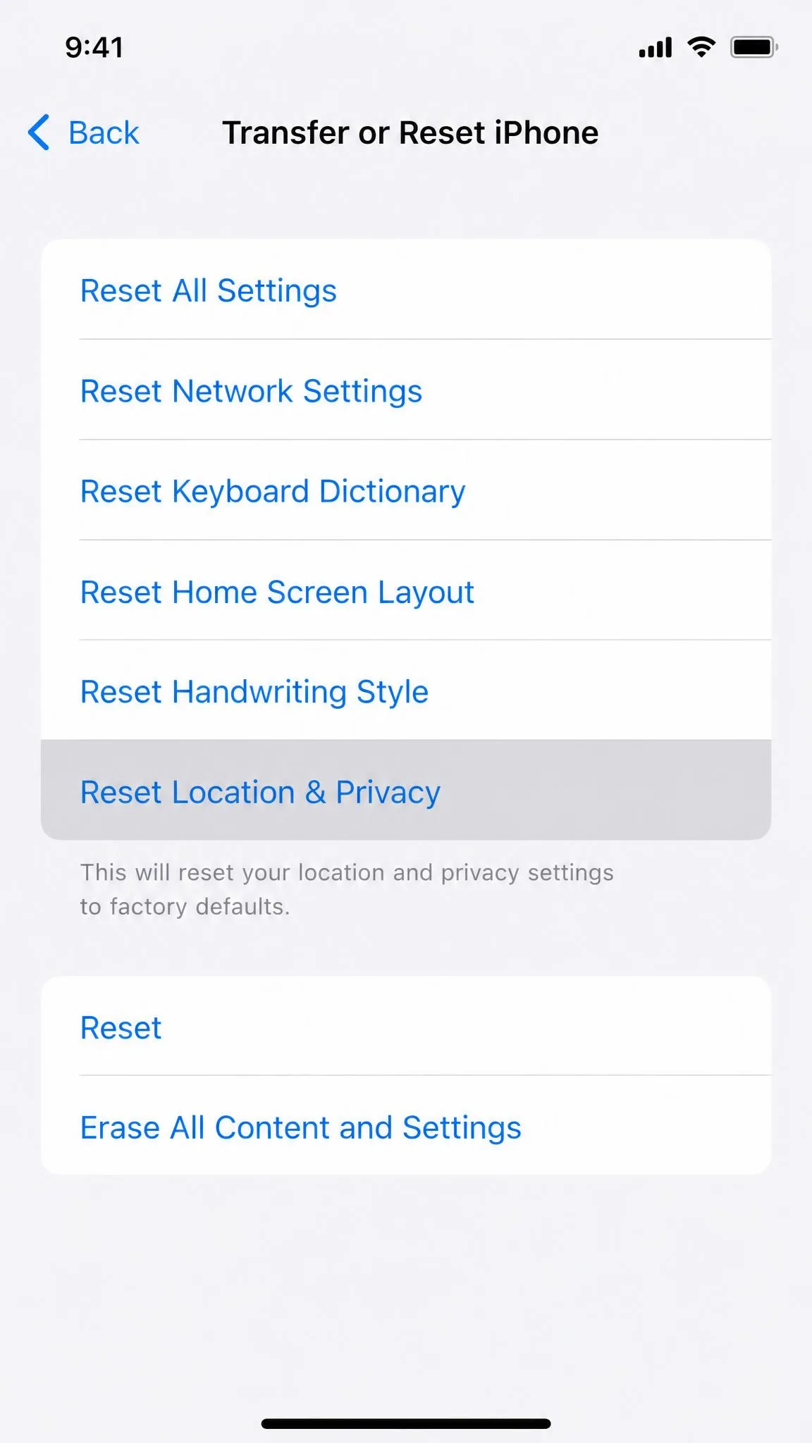 The iPhone Settings screen showing the Reset menu with Reset Location and Privacy highlighted, under Transfer or Reset iPhone.