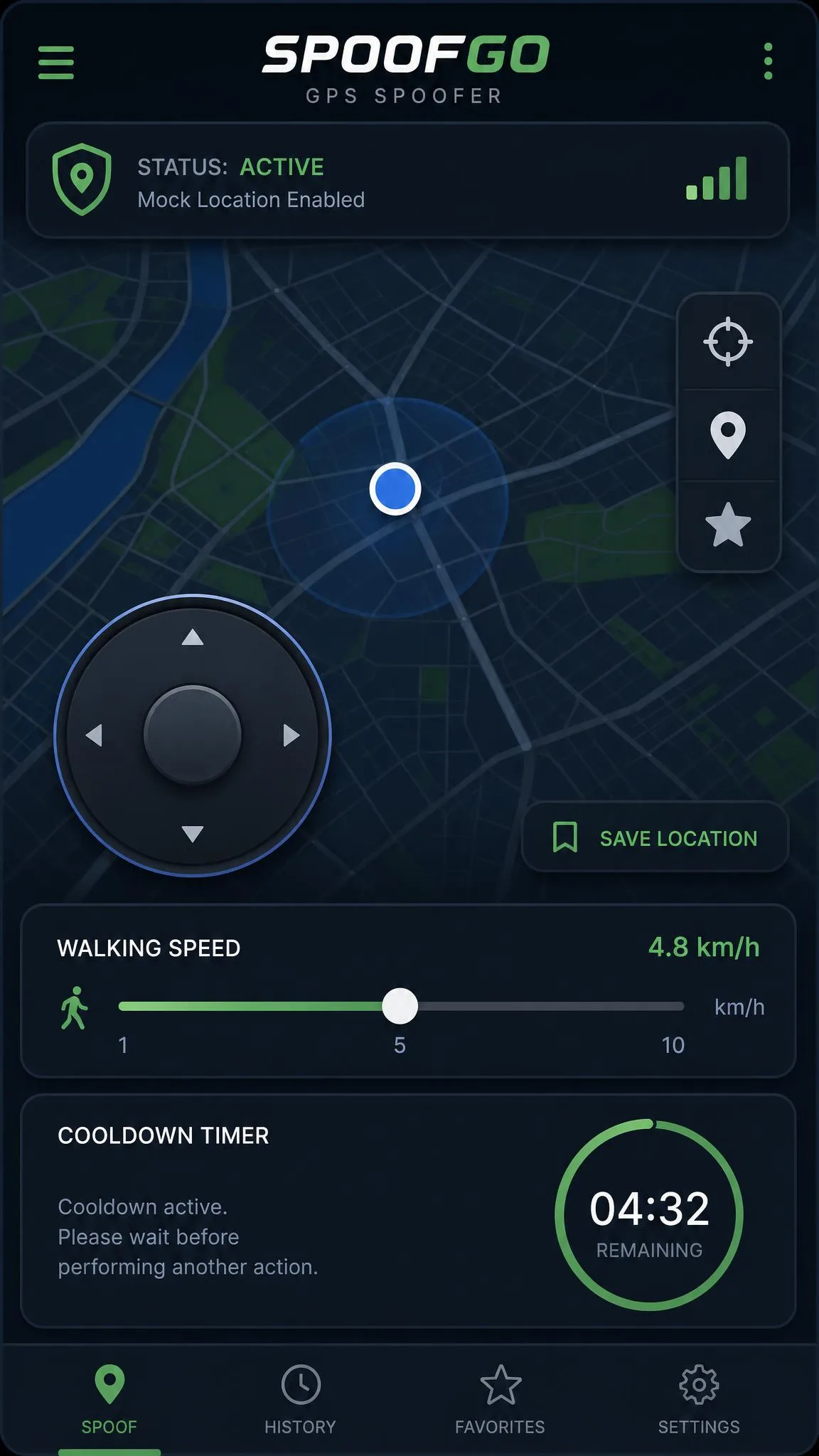 A spoofing app interface showing a circular joystick control on the left, a walking speed slider set near 5 km per hour, and a countdown cooldown timer in the corner.