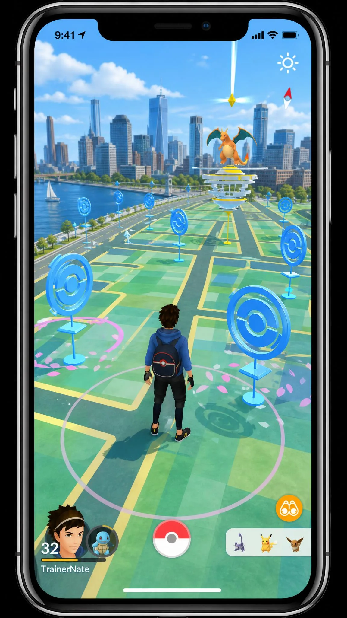Pokemon GO running on an iPhone with the trainer avatar placed in a new city, several PokeStop discs and a gym visible within tapping distance on the map.