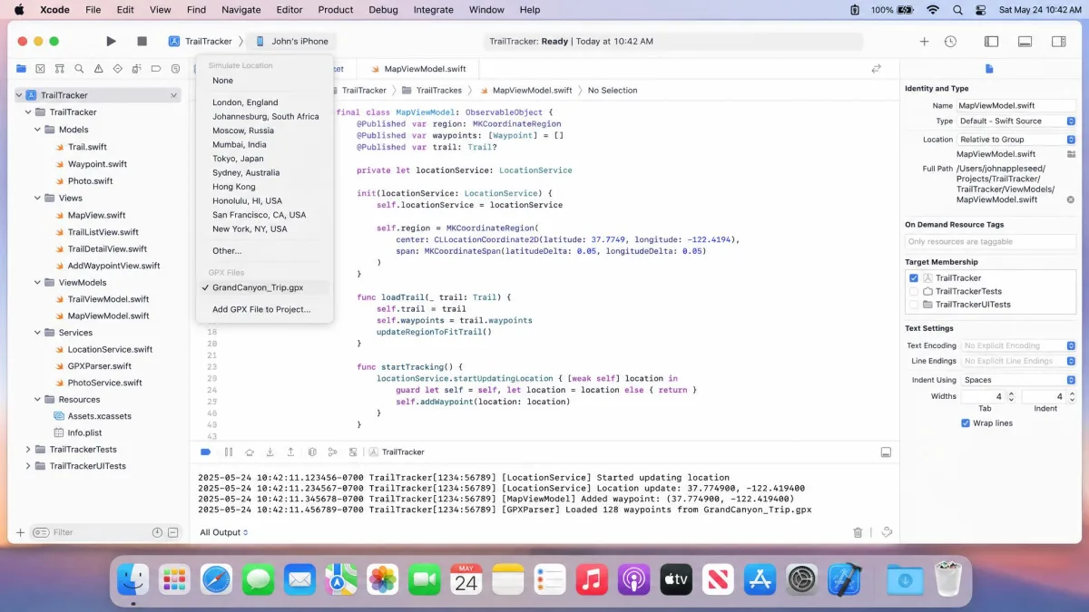 Xcode open on a Mac with a GPX waypoint file selected in the simulate location dropdown and a tethered iPhone listed as the run destination in the toolbar.