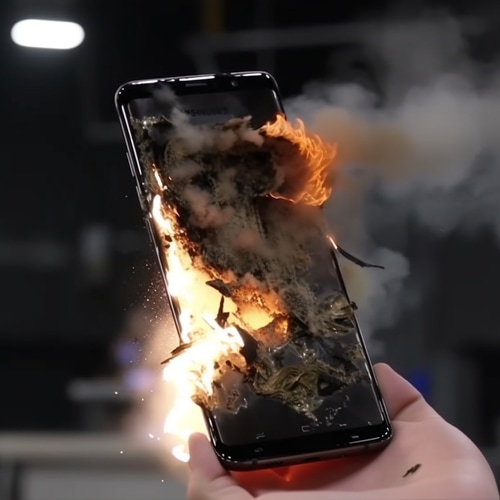 an Android phone in flames from overheating