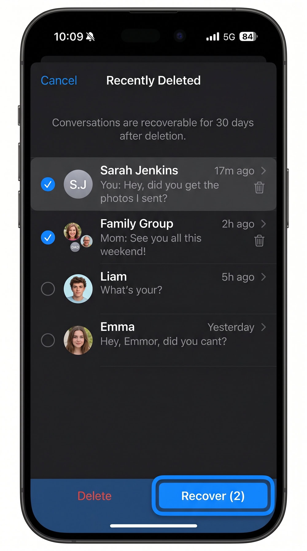The iOS Recently Deleted view in Messages with two conversations selected and the Recover button highlighted.