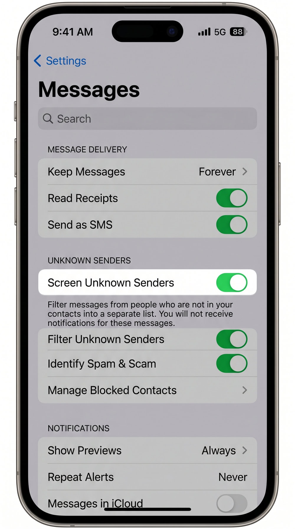 The iOS Messages settings screen with the Screen Unknown Senders toggle switched on in the Unknown Senders section.