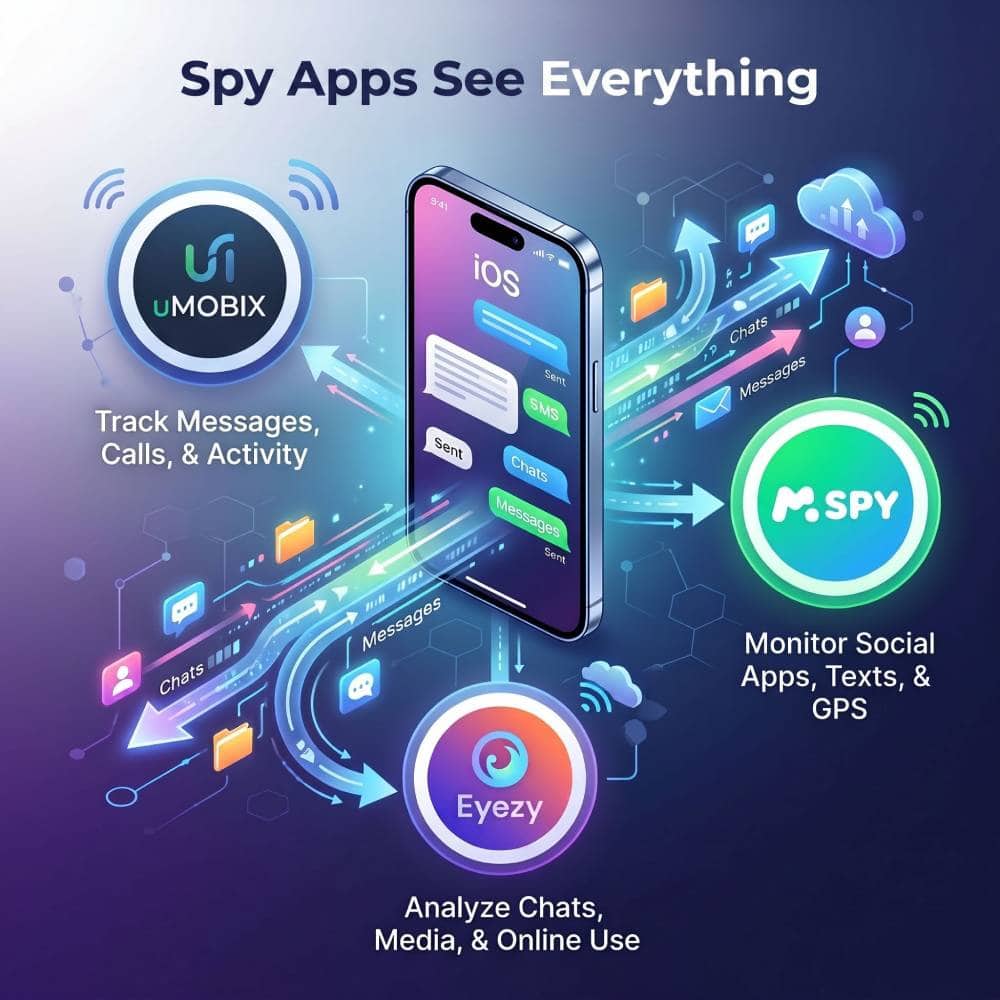 Illustration of messages moving from an iPhone to the uMobix, mSpy, and Eyezy spy apps
