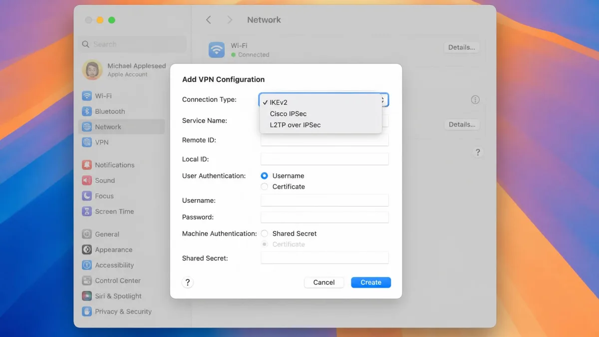 macOS Add VPN Configuration dialog open with the connection type drop-down expanded, showing IKEv2, Cisco IPSec, and L2TP over IPSec options.