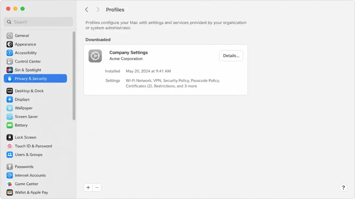 macOS Privacy and Security settings scrolled to the Profiles section, listing one installed configuration profile with its name, publisher, and a settings summary.