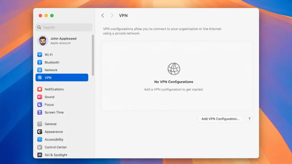 macOS System Settings window with VPN selected in the left sidebar, showing an empty VPN configuration list and an Add VPN Configuration button on the right.
