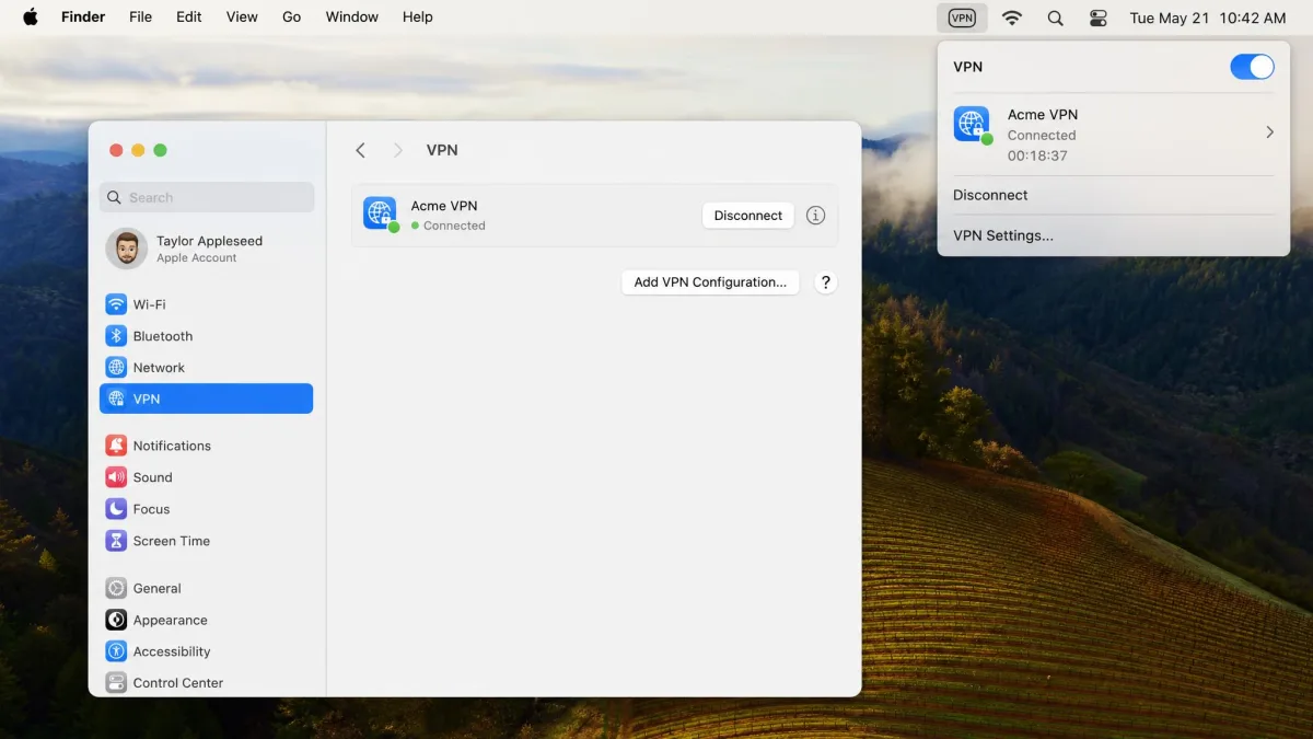 macOS menu bar VPN status icon expanded to show a connected session with the server name and connection time, alongside the System Settings VPN pane marked Connected.