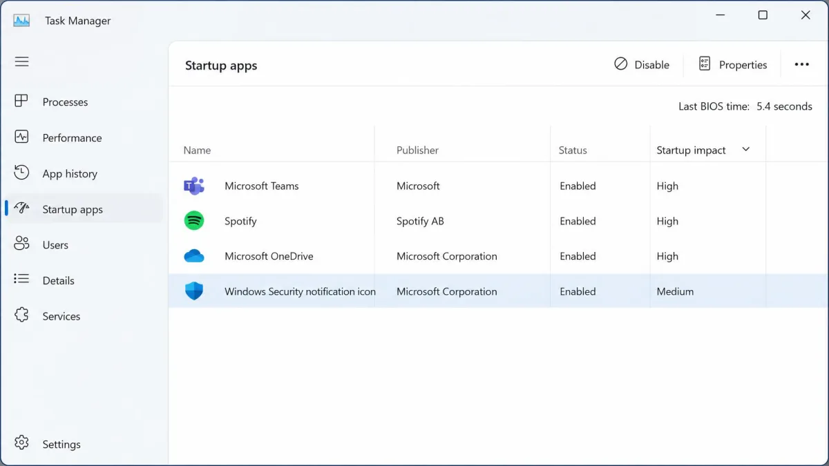 Task Manager Startup apps tab in Windows 11 sorted by Startup impact, with three entries marked High and one highlighted ready to disable.