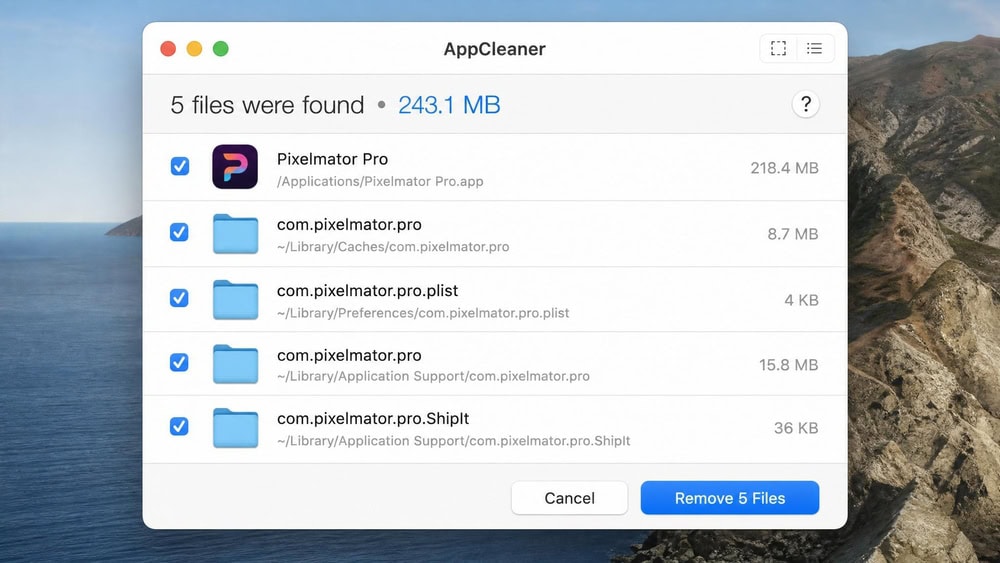 AppCleaner window on macOS listing an application alongside its checked related files - caches, preferences, and application support folders - queued for complete removal.
