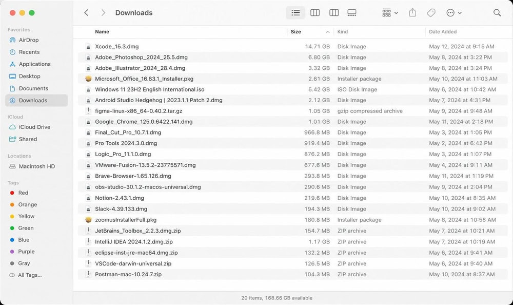 macOS Finder Downloads folder in List view sorted by size, showing large installer DMG files and ZIP archives ready to be deleted.