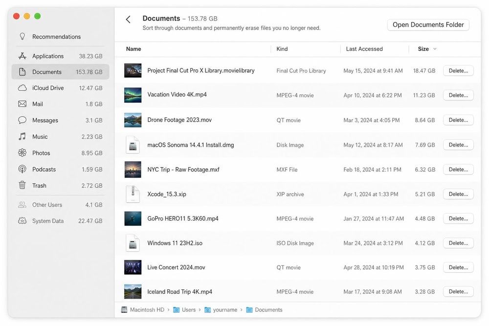 macOS Documents storage list sorted by file size showing several multi-gigabyte video and disk-image files with delete buttons beside each row.
