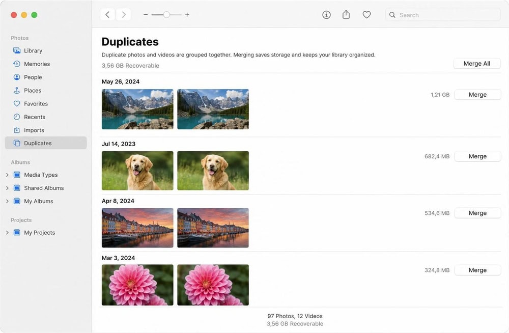 Apple Photos app on macOS showing the Duplicates album with pairs of matching images and a Merge button beside each set, reporting several gigabytes recoverable.