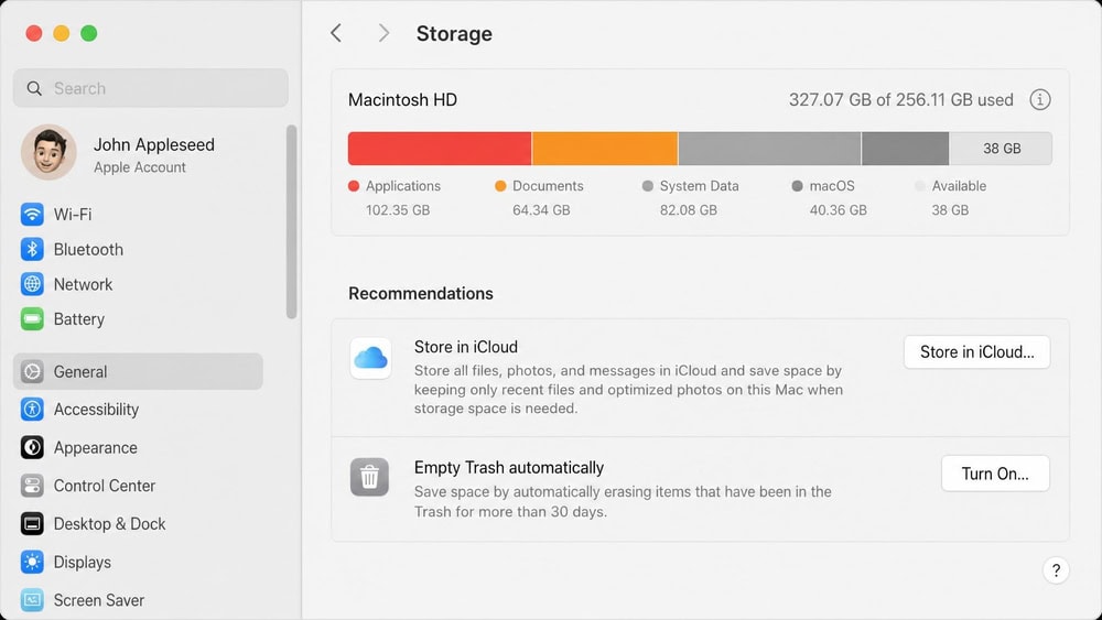 Storage panel in macOS System Settings on a MacBook Air showing the segmented storage bar with Applications, Documents, System Data, and macOS categories, and 38 GB listed as available.