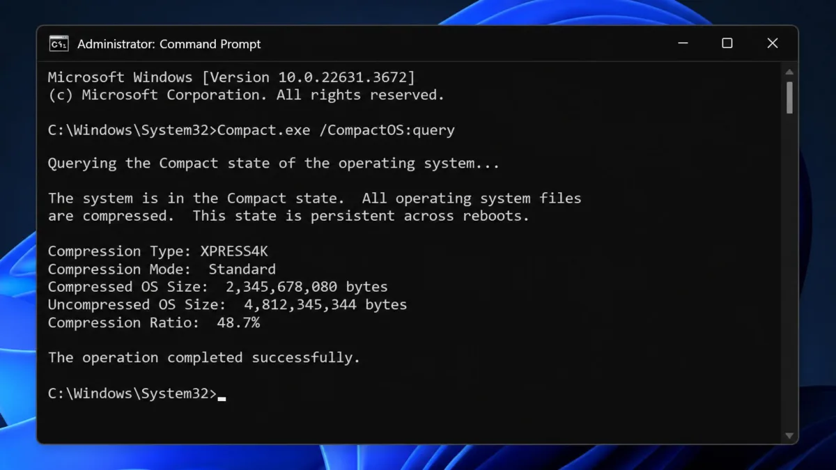 An elevated Windows Command Prompt window showing the Compact.exe /CompactOS:query command and its response reporting whether the system is in the Compact state.